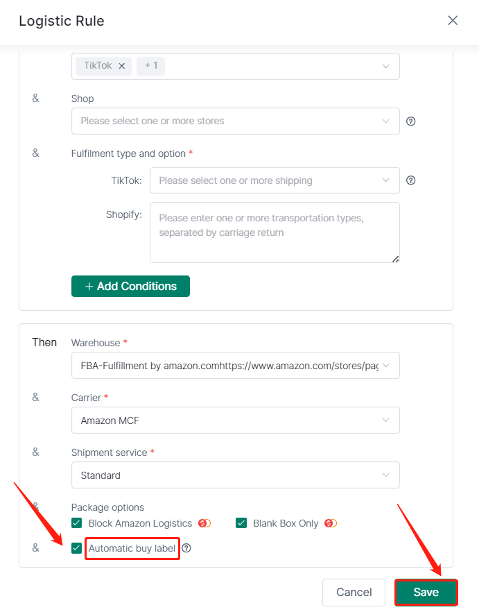 Automated Order Fulfillment via Amazon FBA with Logistic Rule